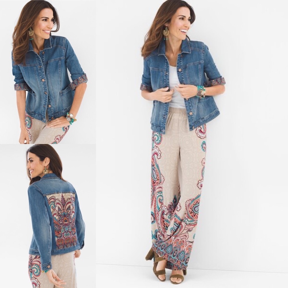 Chicos Denim Jacket Paisley Back Panel Boho 00 XS Jean Trucker‎ Western Festival
